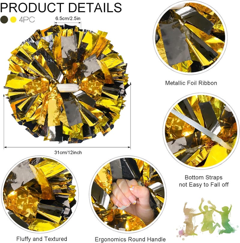 HOLENGS 4Pcs Upgraded 12inch Metallic Cheerleading Pom Poms, Cheerleader Pompoms Cheer Poms for Kids Adults, Cheering Squad Pompoms for School Sports Games Dance Party - Image 2